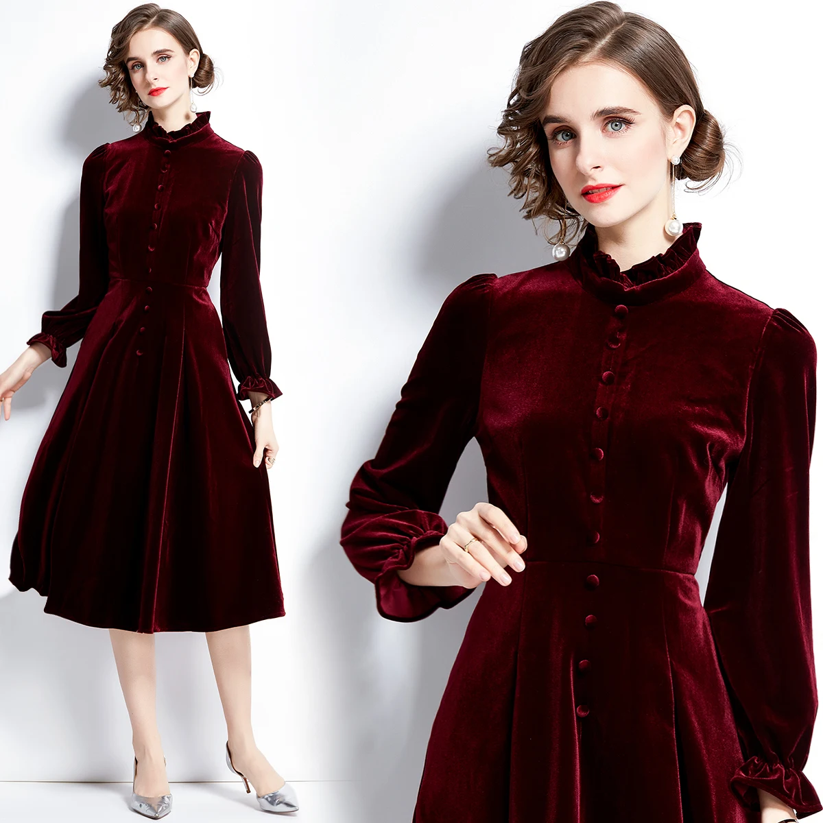 New autumn women's dress with lining, palace style velvet dress HL8818089