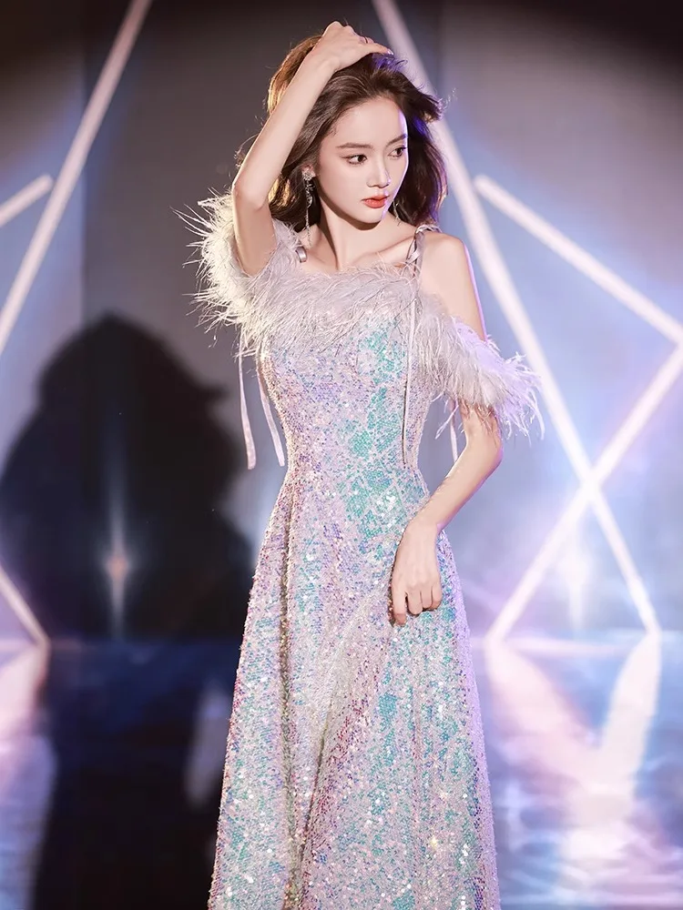 

Sequin Evening Dr Sexy Fi Tail Gown Strapl mid Waist Zipper Sle for Cany Annual Meeting Women's Faion