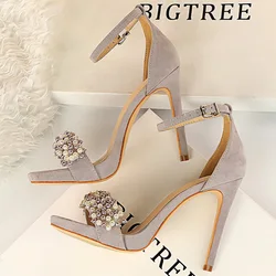 Women Pearl Narrow Strap 11cm High Heels Suede Sandals Wedding Dress Pumps Ankle Strap Stripper Heels Prom Shoes Sandalias Mujer