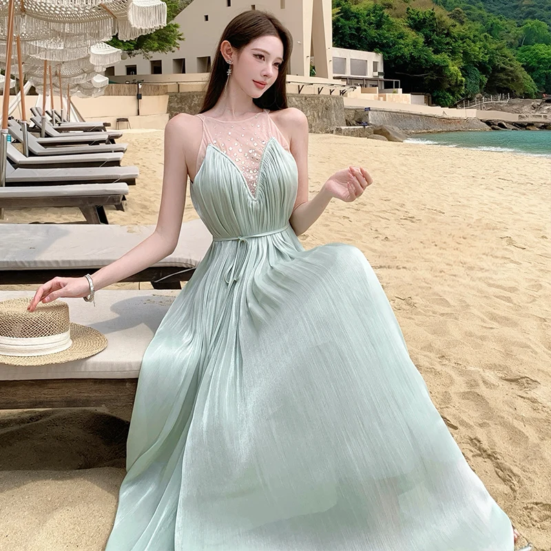 

Mint Green Sequin Mesh Sleeveless Holiday Dress Unique Beautiful Summer A-Line Skirt Lightweight round Neck Loose Waist Style