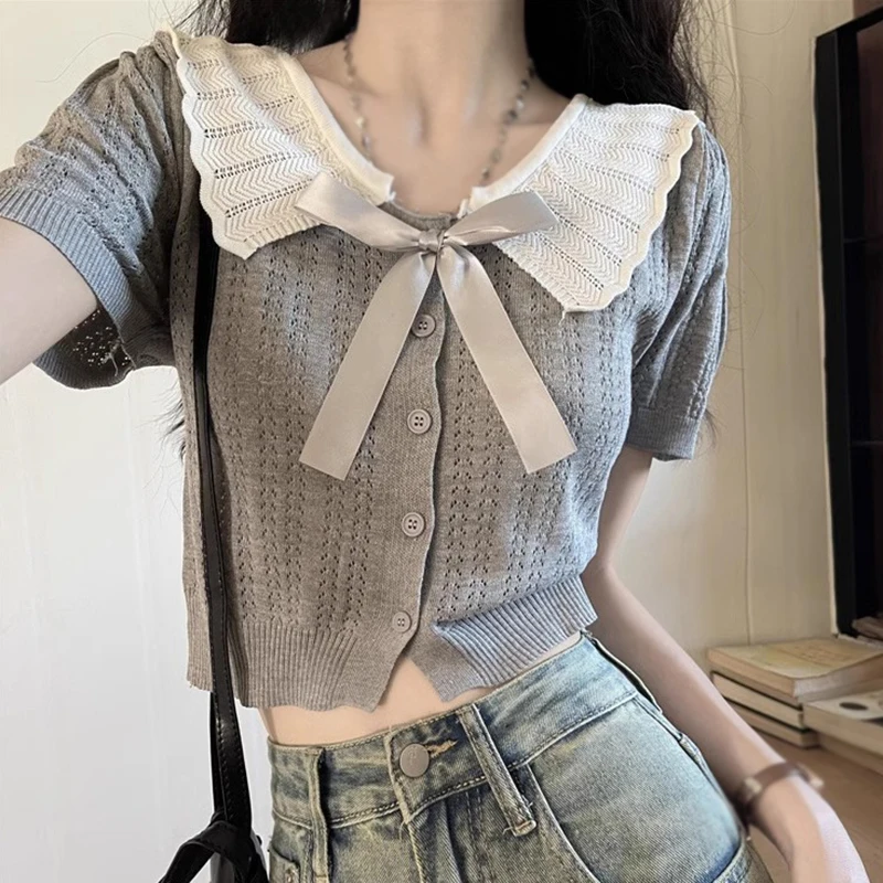 Women Summer doll collar bow contrast cut-out sweet gentle preppy knit short sleeve cardigan top black one size