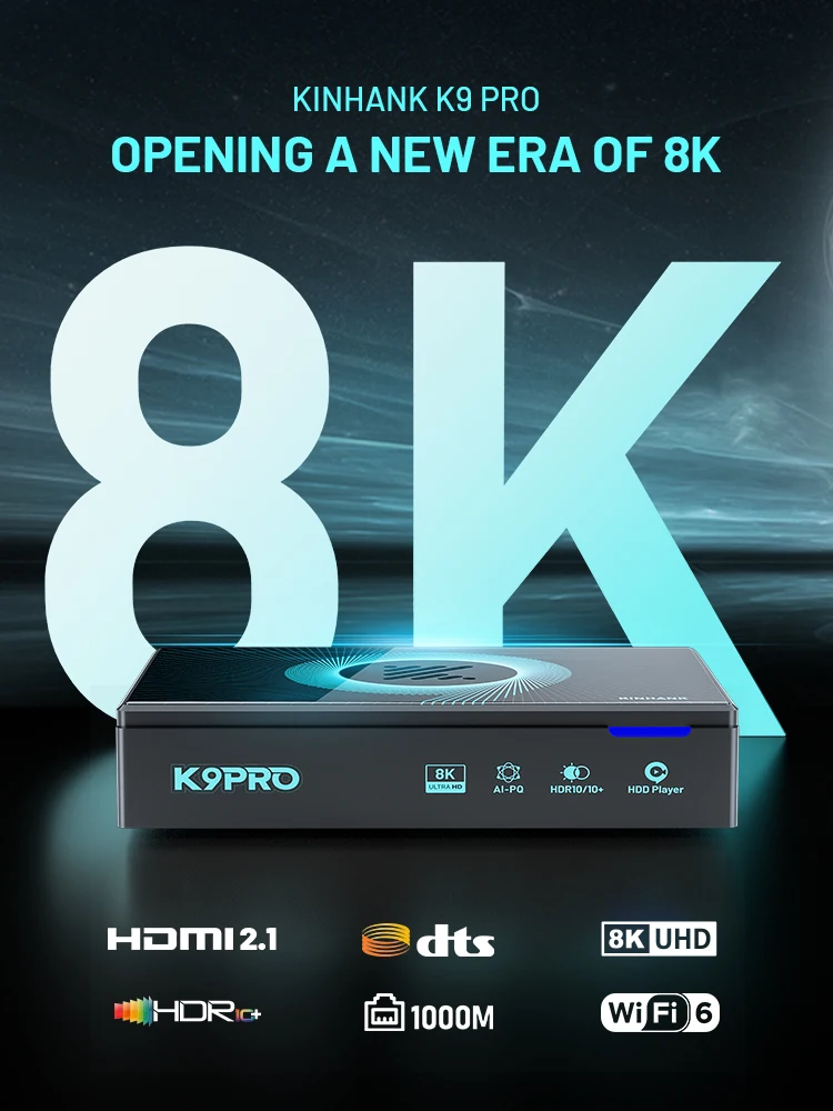 Kinhank Super Console K9PRO Android TV 12.0 صندوق لـ 8K @ 60FPS مع ملصق جداري WIFI6 HDR10 + HLG التوصيل والتشغيل HD مشغل الأفلام