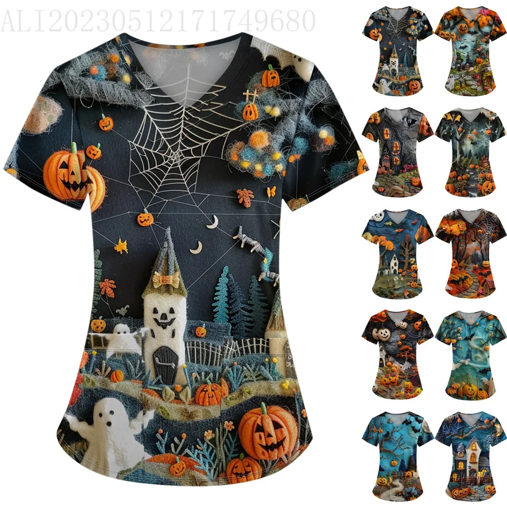 

Женская униформа медсестры с принтом на Хэллоуин, скраб с короткими рукавами, блузка с v-образным вырезом, топы, карманная рабочая одежда, медицинская униформа