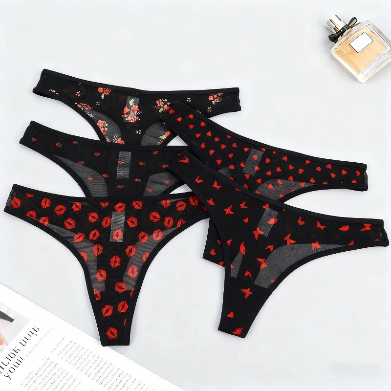 5 Pieces of Black Sexy Low-Rise Thong Underwear, Heart-Shaped Patterned Comfortable Close-Fitting Bikini-Style Swimming Trunks,