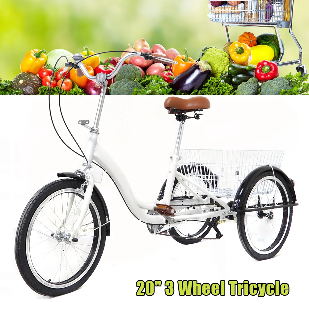 20 Inch 3 Wheel Bicycle Adult Single Speed Tricycle Trike Bike for Elderly Shopping Transport with Basket