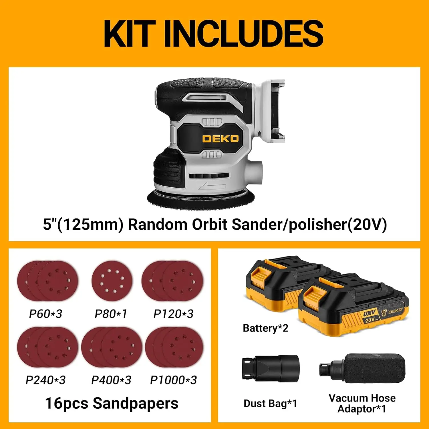 Cordless Orbital Sander: 20V Random Orbit Sander, 5inch Power Palm Sander Electric Sanders Tool with 2 Batteries, Charger