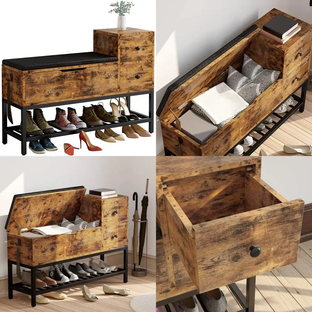 

Скамья для хранения обуви в прихожей с откидной коробкой, двумя ящиками и съемной подушкой.