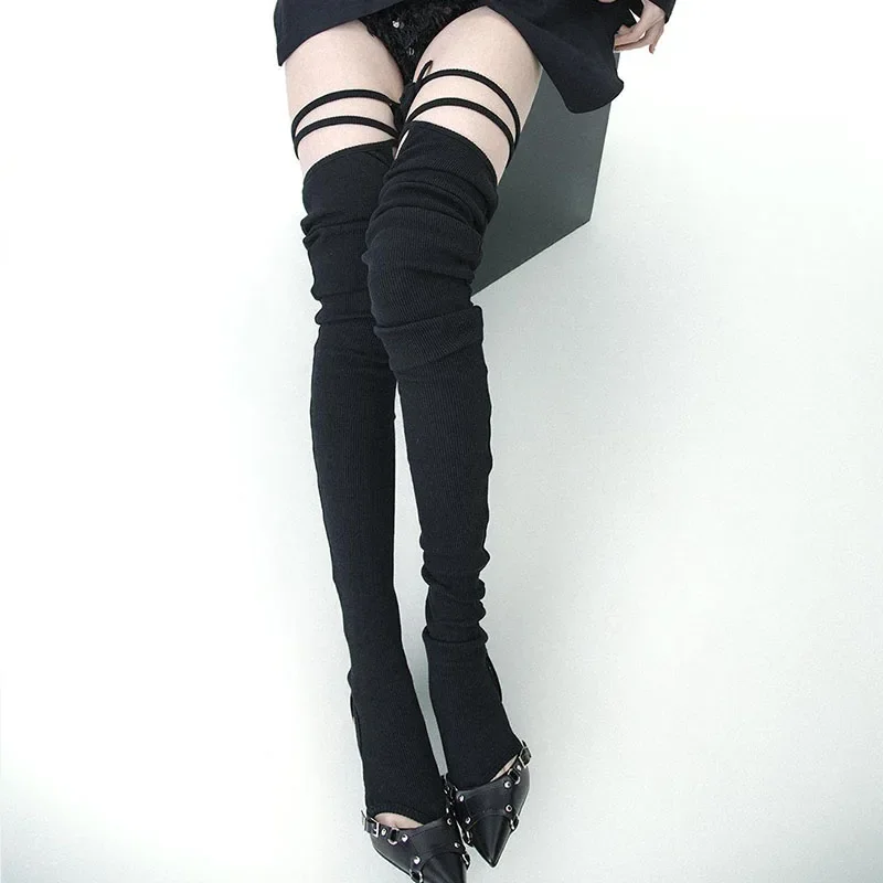 Punk Women Tie Split Toe Knee High Socks DIY Strappy Calf Socks Sexy Strap Mid Tube Stocking Y2K Gothic Japanese JK Leg Covers