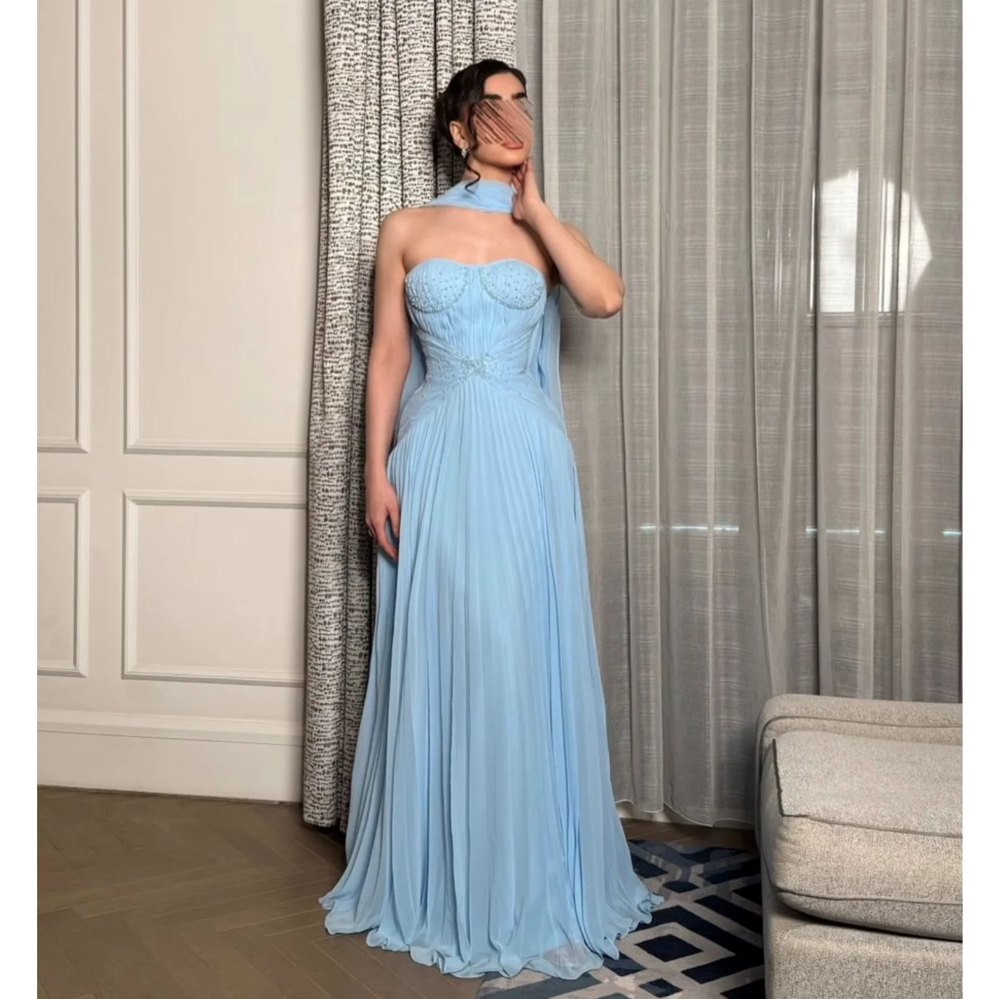 Light Blue Prom Dress Exquisite Strapless Evening Dresses Sequins Beaded Saudi Arabia Wedding Party Dress Customized 2026