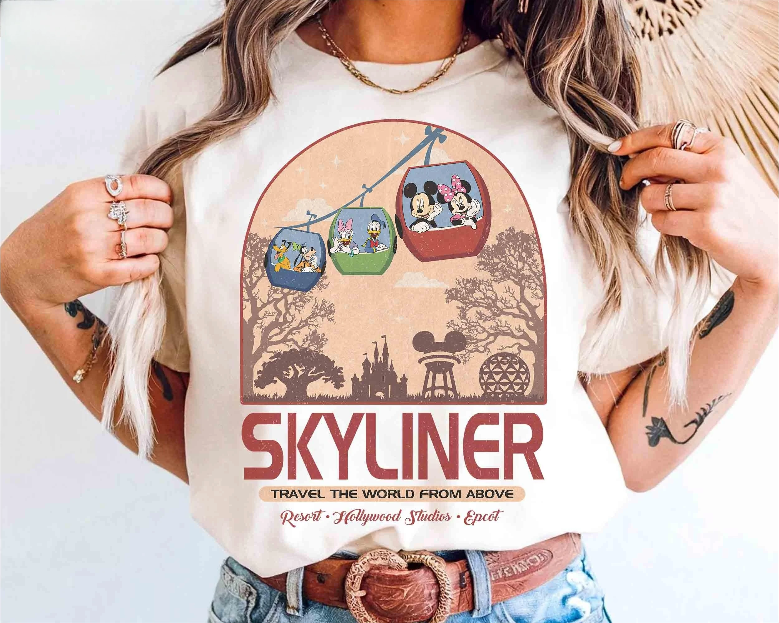 2025 Summer New Mickey and Friends Skyliner Travel Around The World Shirt Huadu Holiday Area Family Travel T-shirt From Above