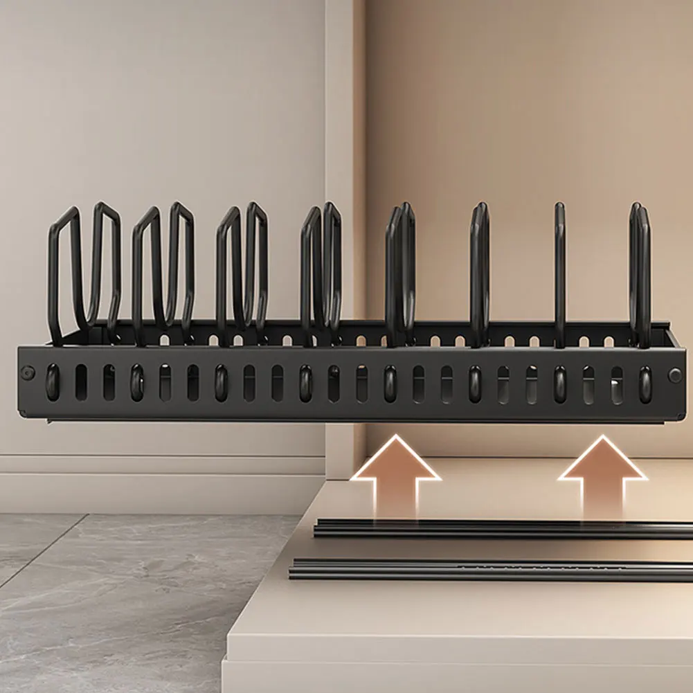 

Органайзер для кухонной утвари с 8 регулируемыми разделителями, выдвижной держателем для крышек, подставкой для сковородок, для крышек кастрюль, посуды и блюд