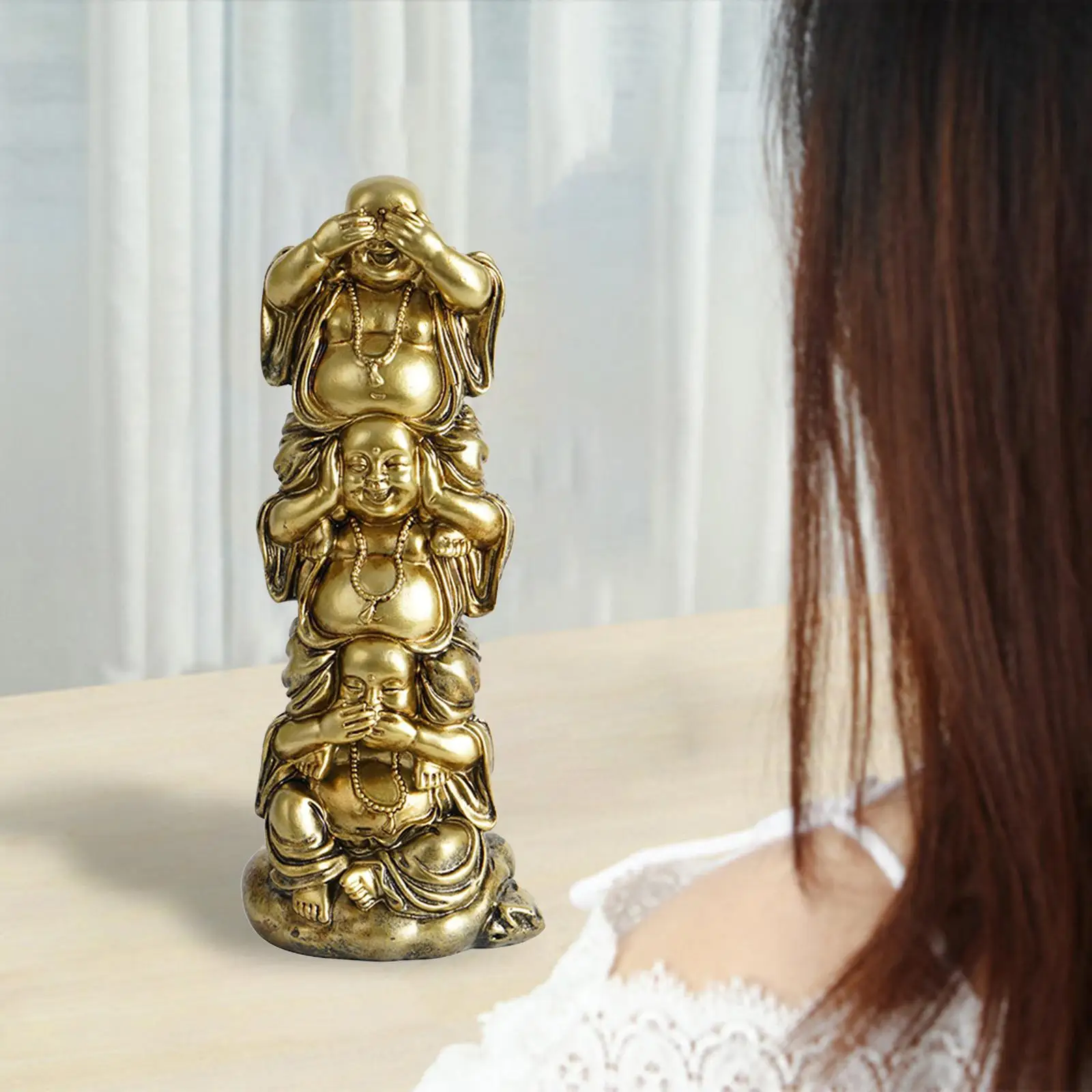 Hear No No Evil Stacked Resin Laughing Buddha Figurine 9Cmx16cm