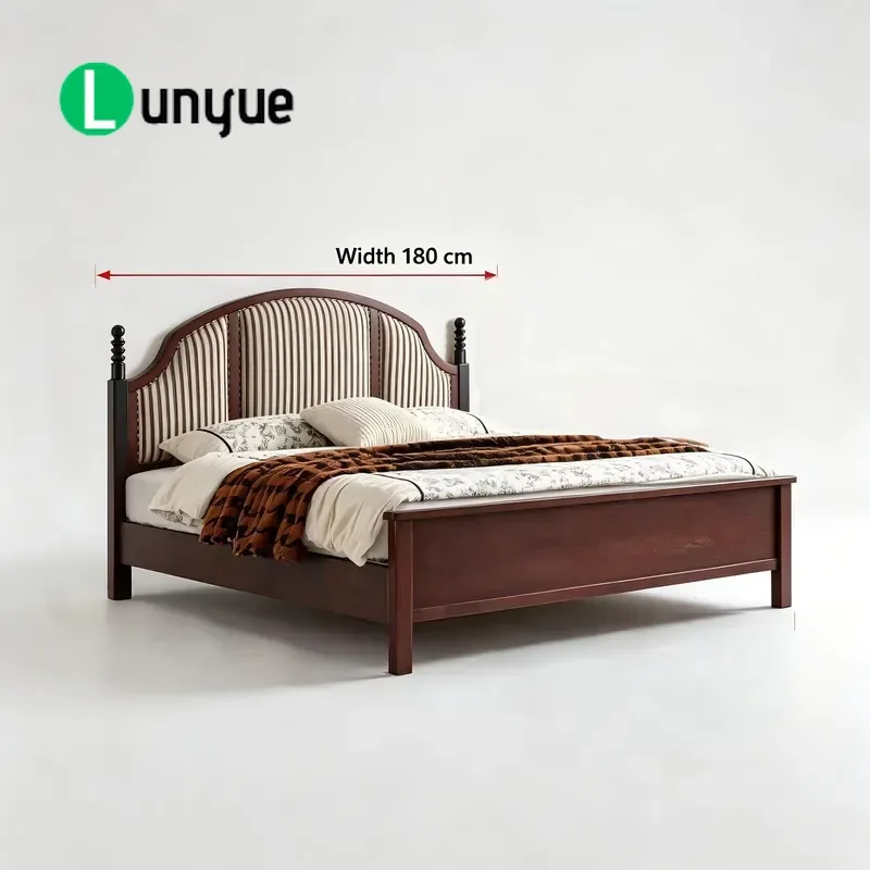 Luxury Padded Ash Wood Bed with Striped Headboard Medieval Modern Traditional Style Comfortable Soft Eco Friendly Design for