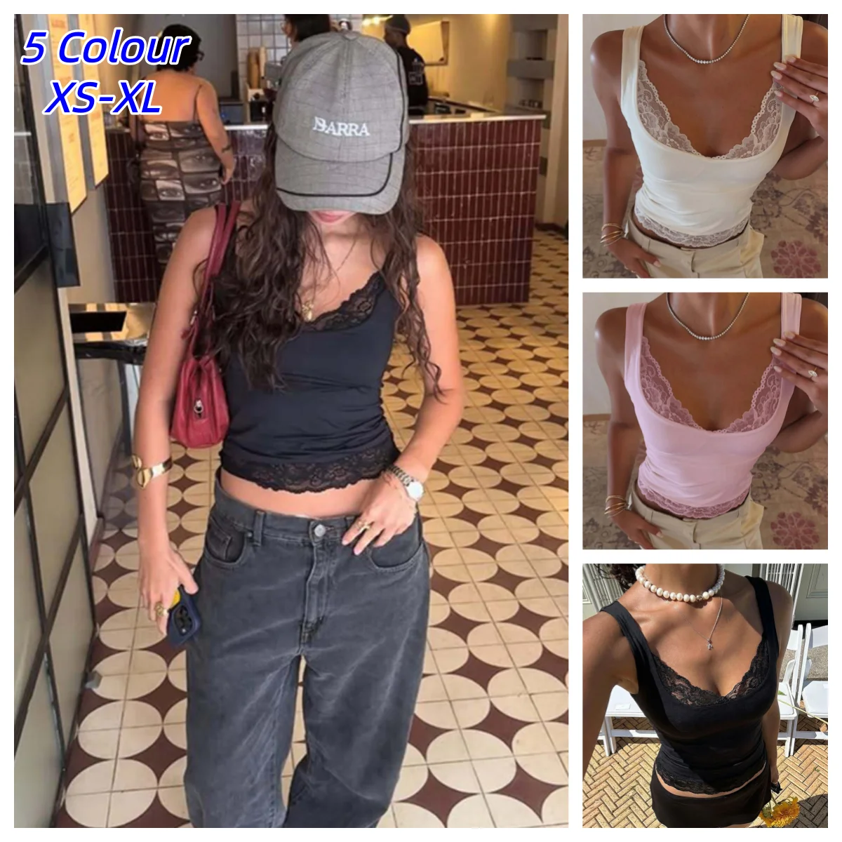 Hot Square Collar Backless Slim Lace Ruffles Patchwork Tank Top Women'S Fashion Sexy Y2K Top Party Vacation Summer Clothes