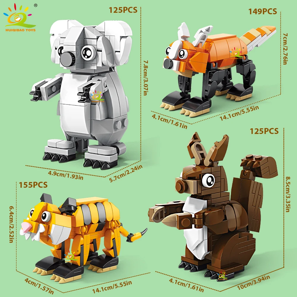 HUIQIBAO Wildlife Animal Building Bricks Set 3in1 Modes DIY Assembly Bricks Children Construction toy for Kids Desktop Ornament