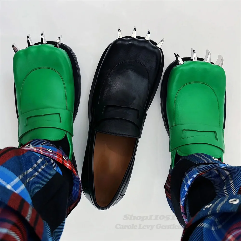 Claw Shaped Toe Classic Loafers Men Novely Black Leather Slip On Solid Color Chunky Heel Elegant Runway Show Casual Shoes