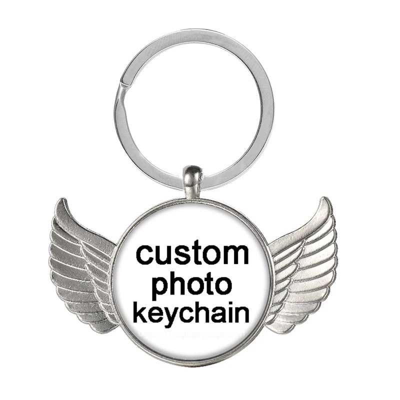 Personalized Custom Wings Silver Plated Keychain Necklace Round Photo Family LOGO Baby Symbol Custom Designed Photo Gift