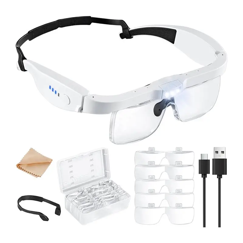 Óculos de aumento FYBL-Headset com 5 lentes (0,75-4,0X), lupa com luz e 3 luzes LED