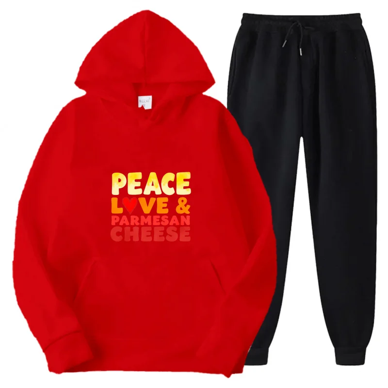 طقم هوديي رمادي سويت شيرت وسروال بنمط مطبوع عليه Peace Love and Parmesan Cheese