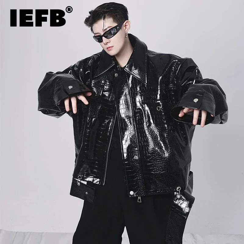 

IEFB Men's PU Leather Jackets Personality Lapel Shoulder Padded Niche Design Patchwork Male Short Coat Niche Design 9A5827