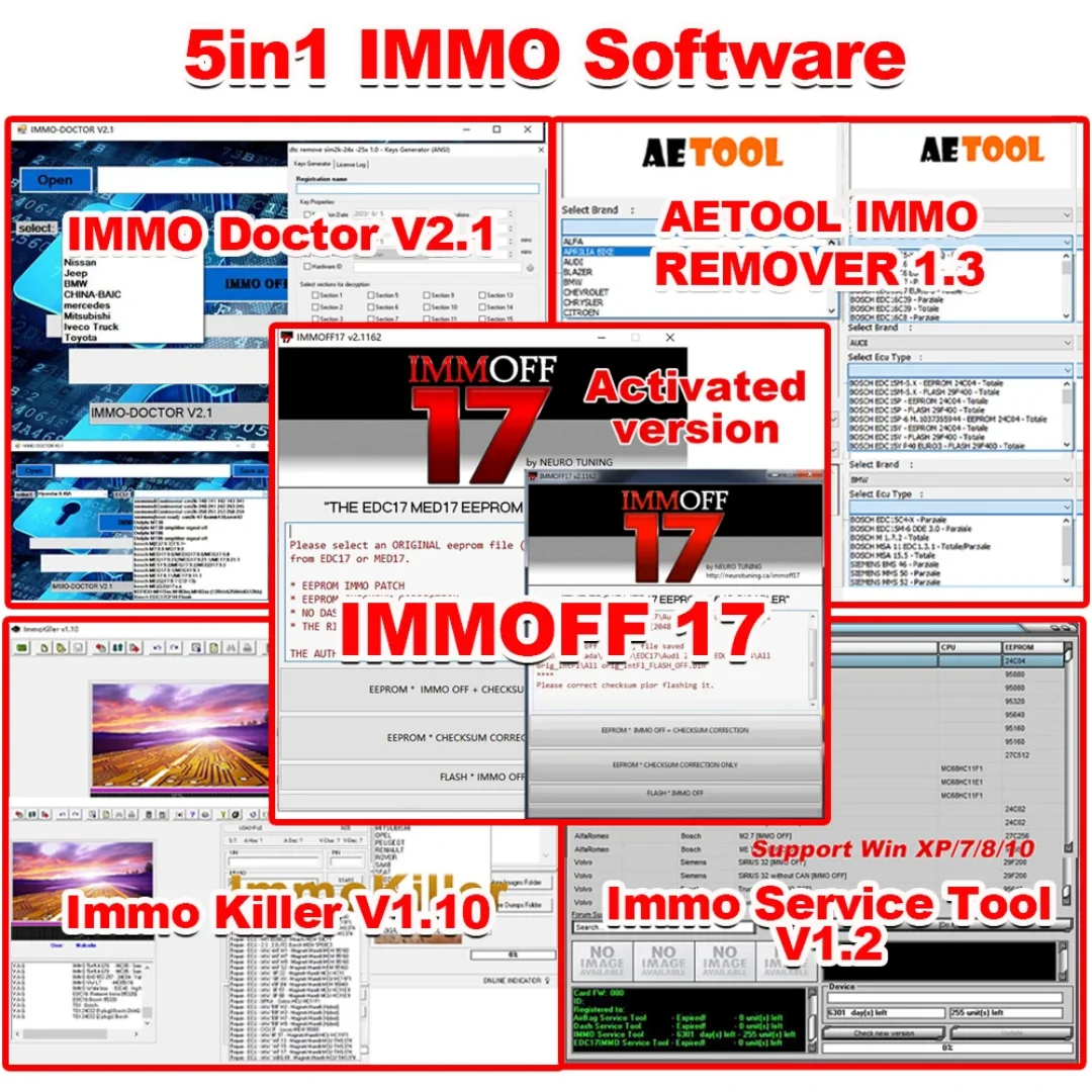

5 in 1 Car Software IMMOFF 17 Immo Doctor V2.1 AETOOL REMOVER 1.3 ImmoKiller V1.10 SERVICE TOOL V1.2