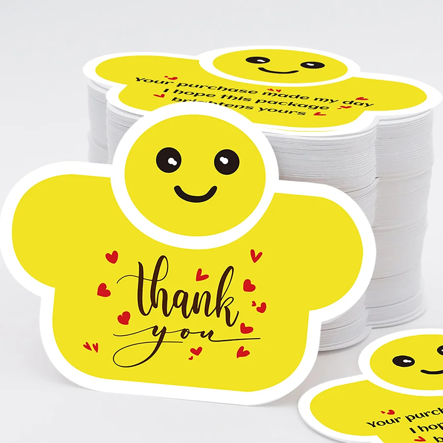 100 Pcs Unique Happy Shaped Thank You Cards for Small Business, Double-Sided Printing, Premium Card Stock