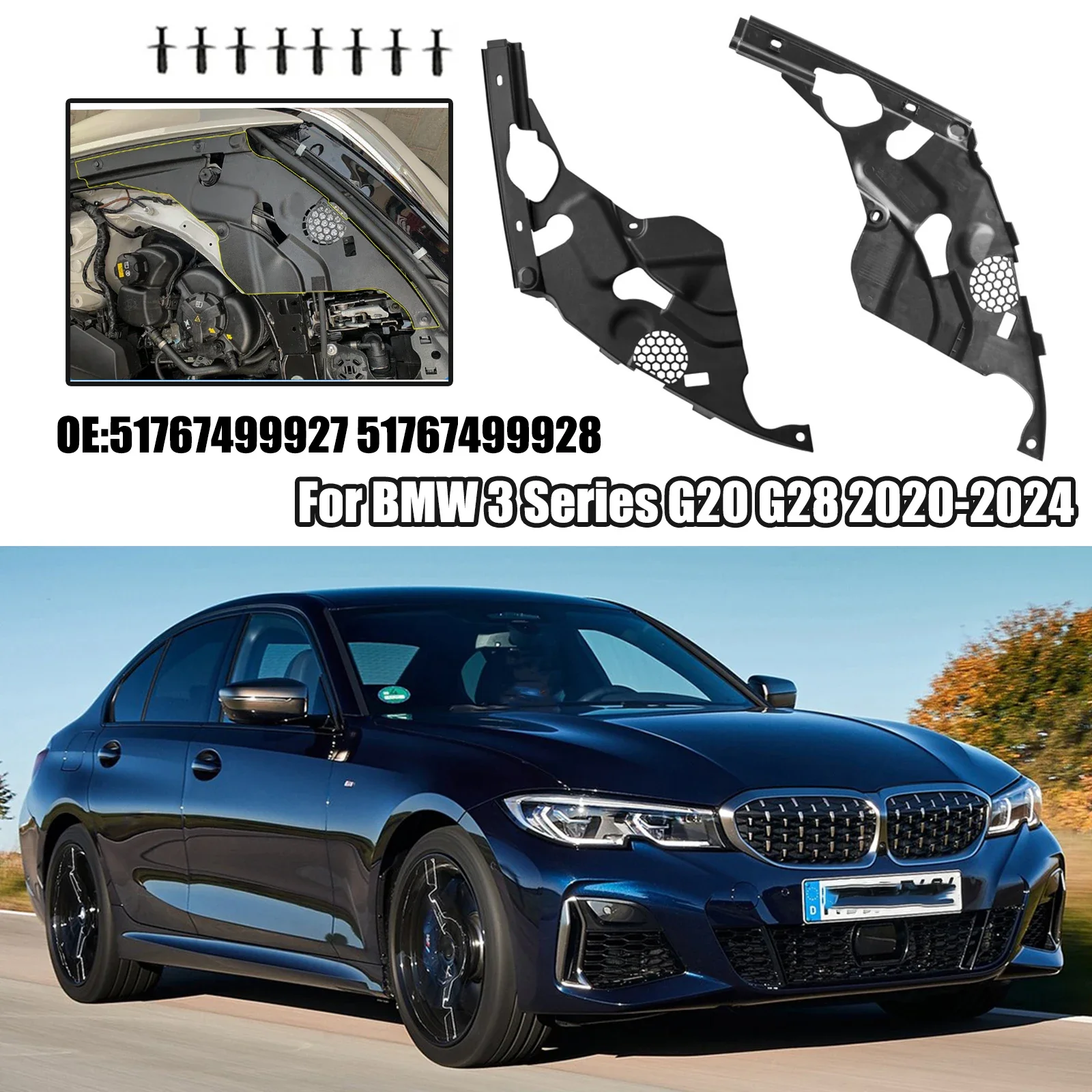 

For BMW 3 Series G20 G28 2020-2024 Car Engine Compartment Protective Cover Dustproof Headlight Trim 51767499927 51767499928