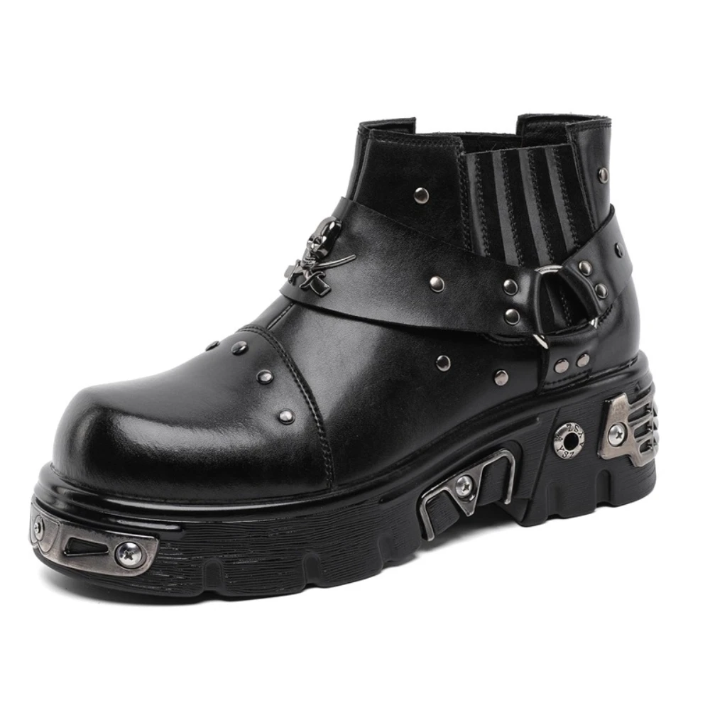 Men's Fashion Leather Motorcycle Boots Gothic Skull Punk Boots New Unisex Mid-calf Metallic Western Boots Thick Sole