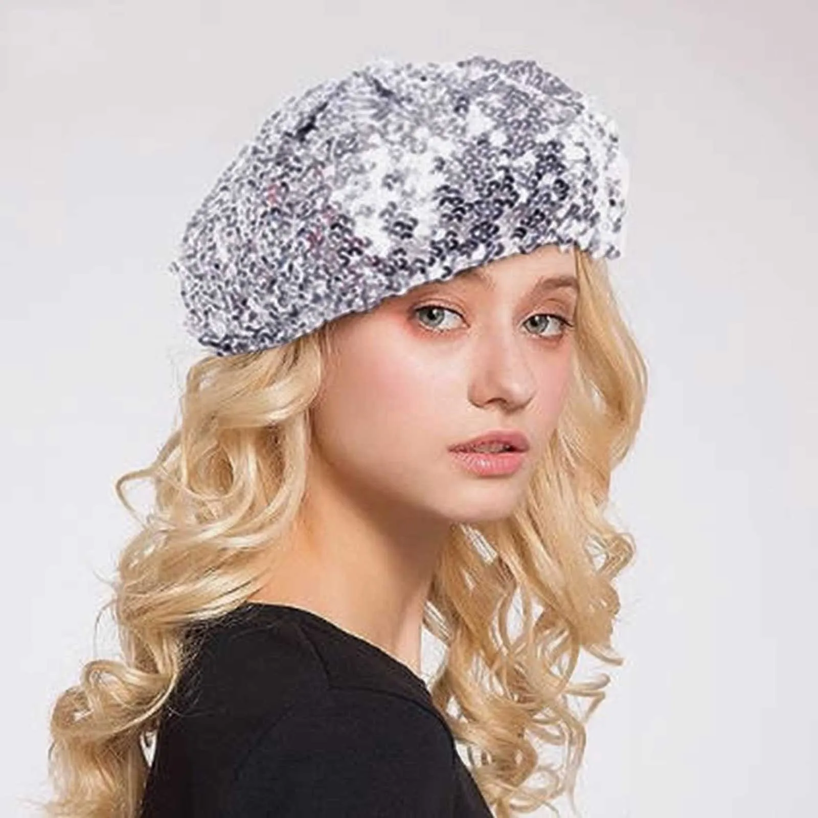 Women Fashion Sparkling Sequins Beret Hat Mardi Gras Carnival Solid Color Elegant Comfortable Hats Casual Daily Streetwear