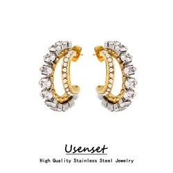 USENSET Luxury White Cubic Zirconia Stainless Steel Hoop Earrings Charm Irregular Gold Plated C-Shaped Ear Stud OL Daily Wear