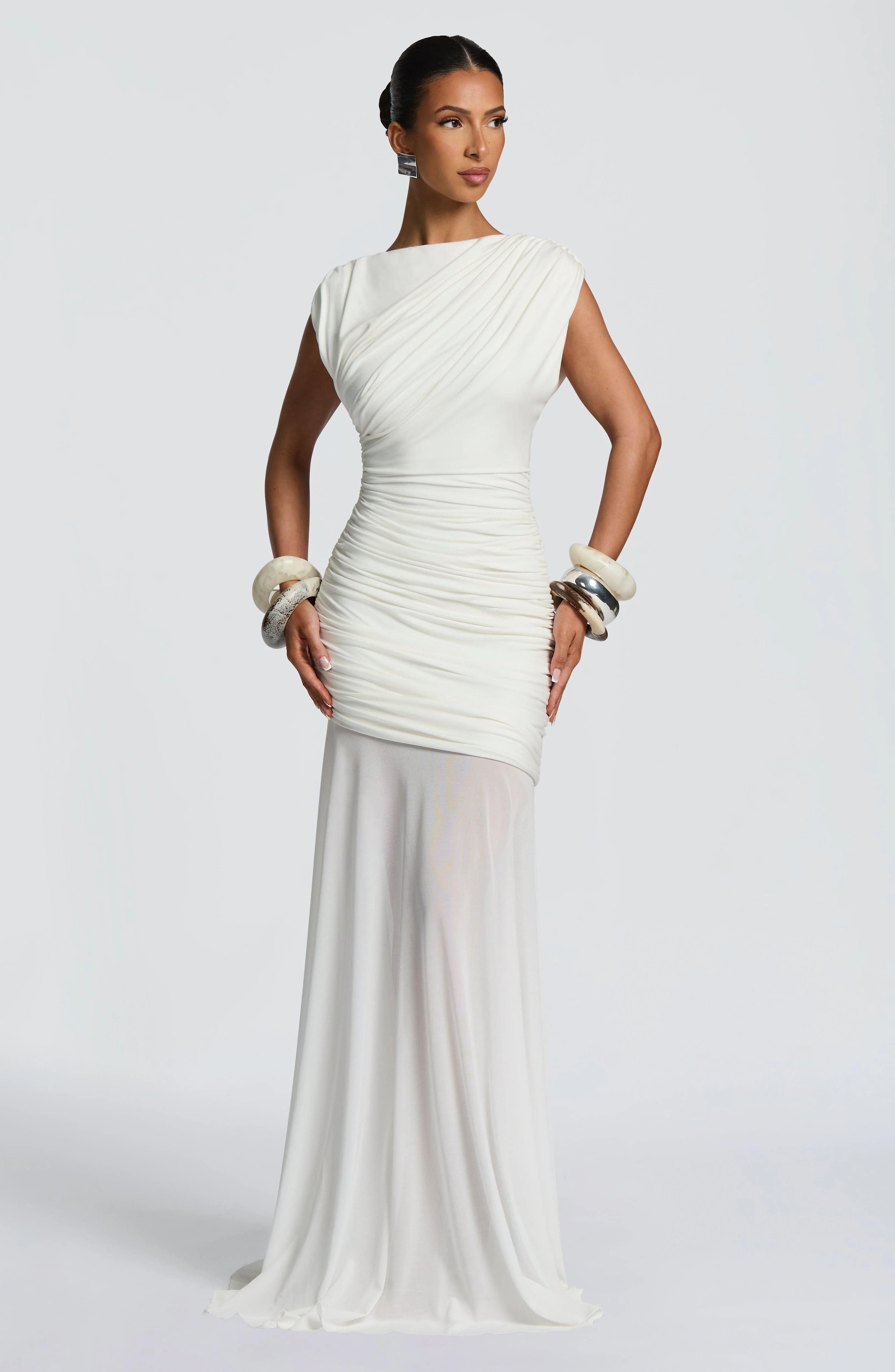 Draped Shoulder Mesh Maxi Dress Ruched Waist Sheer Elegant Mermaid Long Gown Wedding Guest Evening Prom Cocktail Dresses