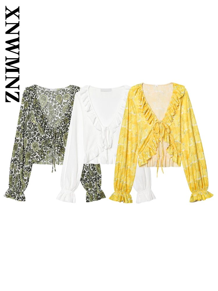 

XNWMNZ 2025 Summer Women Clothing boho Chic V-Collar Long Sleeve Chiffon Blouse Casual Woman Blouses Fashion Long Sleeve Top