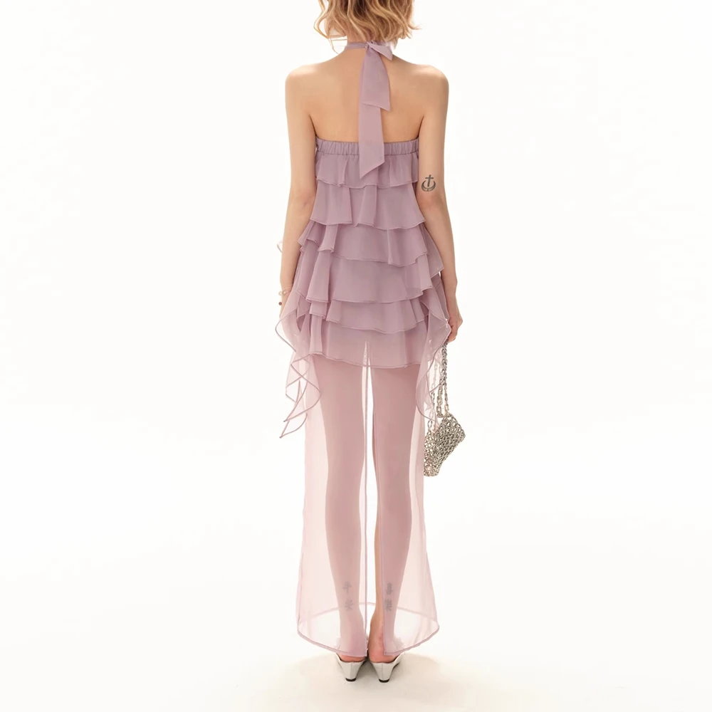 TWOTWINSTYLE Loose Sheer Spliced Ruffles Folds Elegant Dresses for Women Halter Neck Sleeveless Backless Dress Female Clothing