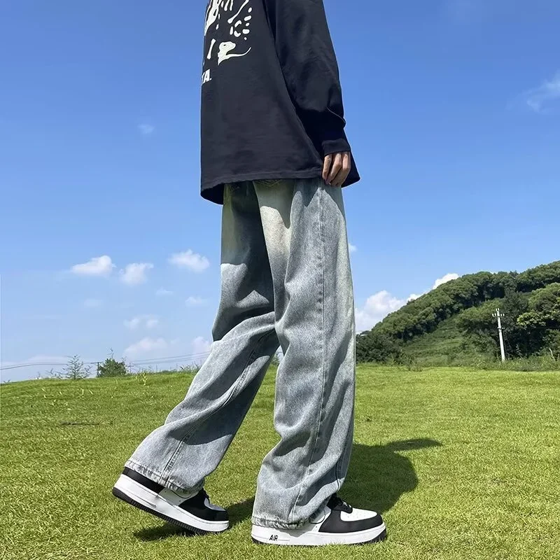 가을 한국 패션 남성용 헐렁한 청바지 클래식 드로우 스트링 스트레이트 와이드 레그 데님 바지 캐주얼 Y2K 빈티지 진 바지