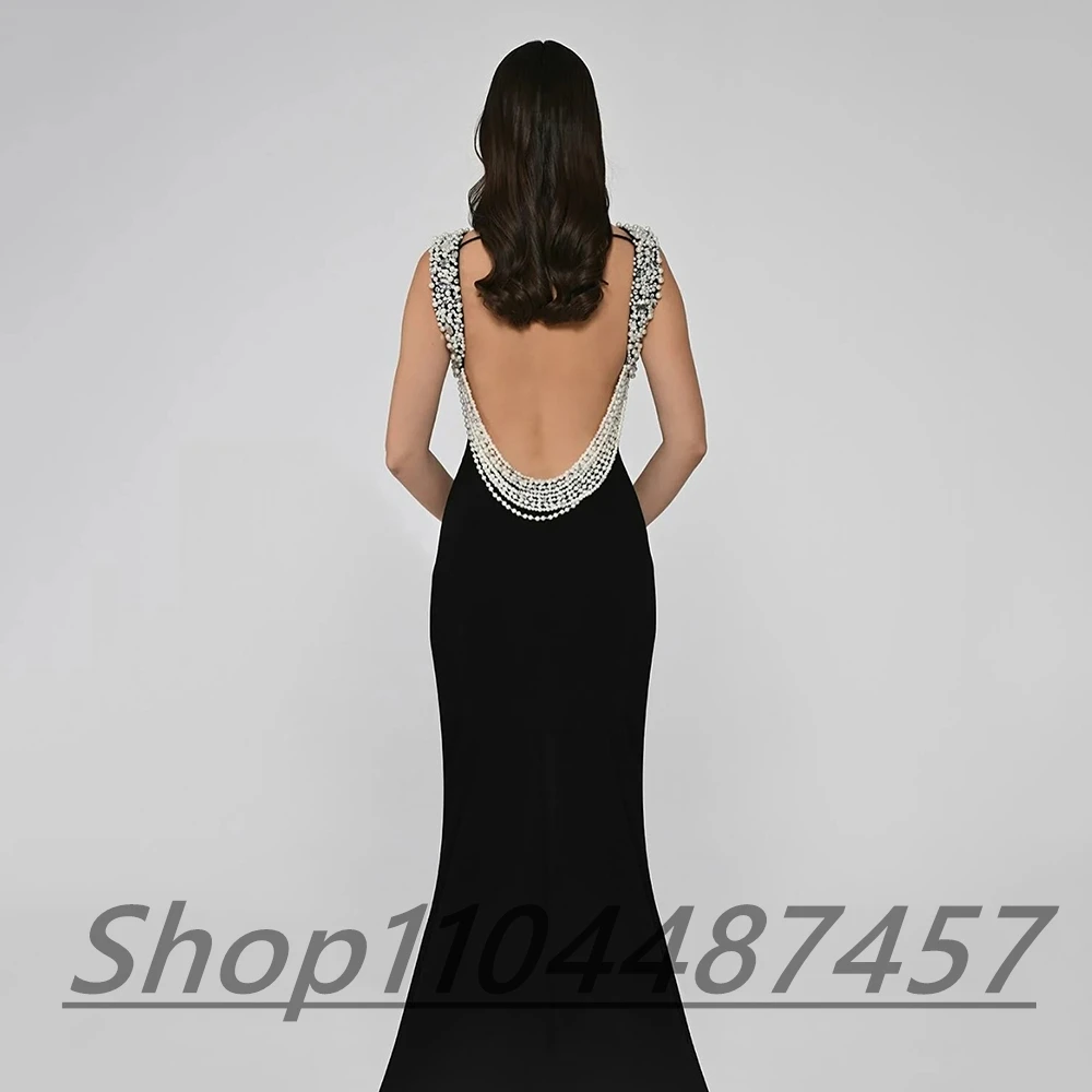 Customized Black Jersey O-neck Mermaid Evening Dresses With Sequined Backless Sleeveless Floor Length Party Prom Gowns For Women