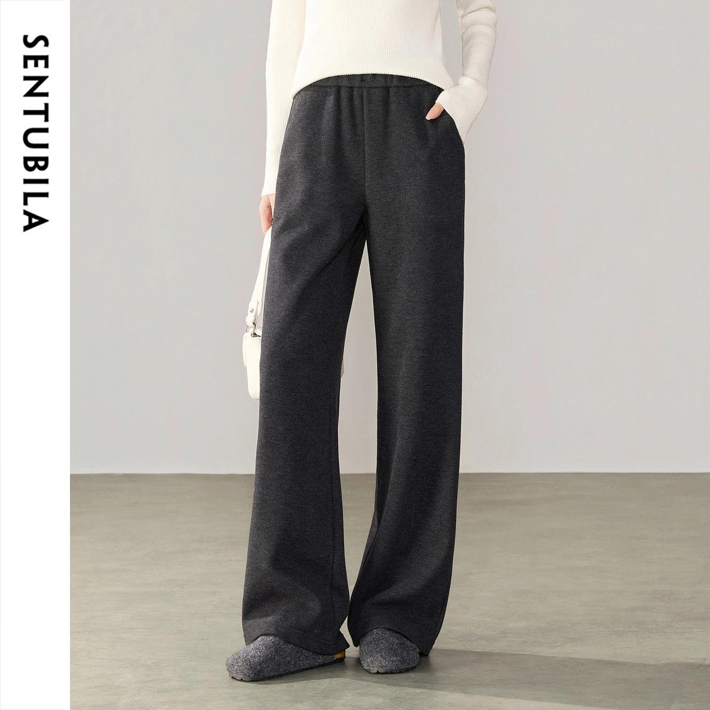 SENTUBILA Women's Pants Cashmere Blend 2026 Autumn Winter Straight Leg Trousers Fleece‑Lined Warm Casual Woman Clothes 164KA8807