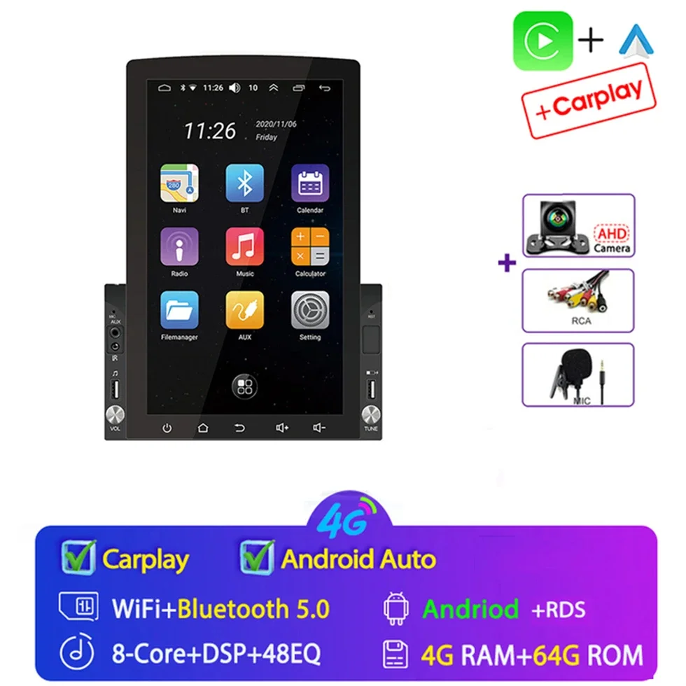 Android 15 Auto Auto Radio Universeel Voor 10.1 inch Voor Tesla Stijl Verticaal Scherm Multimedia Navigatie Carplay 2 Din 4G + WIFI