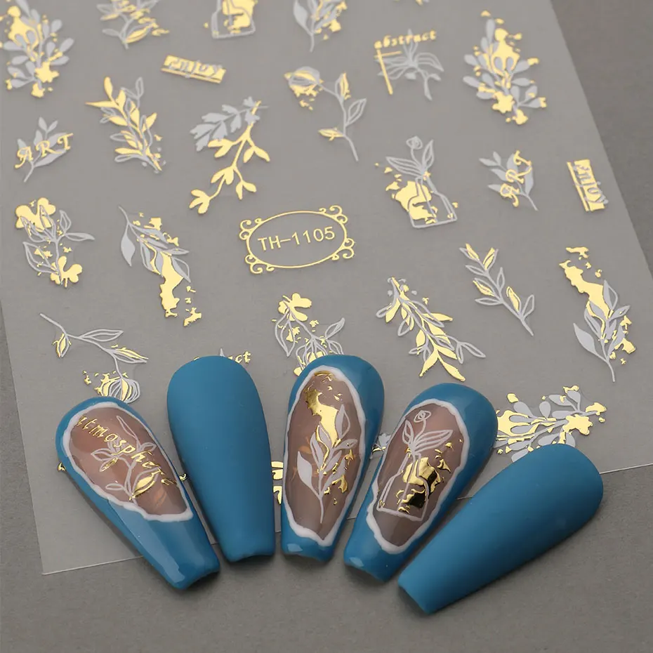 2 Stück 3D-Bronzing-Blätter-Aufkleber für Nägel, abstrakte Linien, Malerei, Abziehbilder, weiße Streifen, Blumen, selbstklebende Schieber, Dekoration