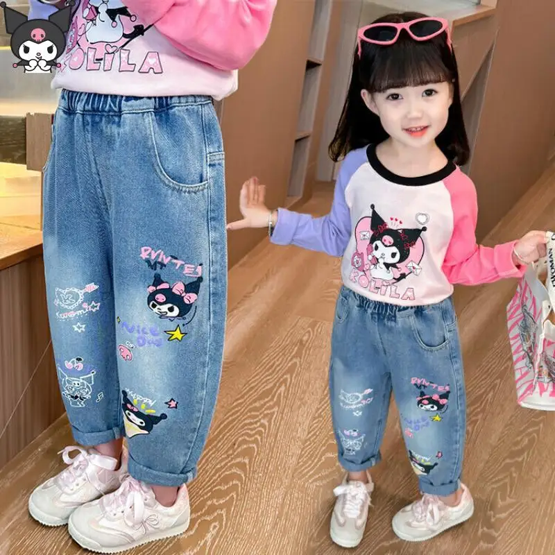 

Детские джинсы Kuromi в стиле аниме Kawaii с рисунком Sanrio, весна-осень, новый стиль, детские повседневные прямые узкие брюки среднего и большого размера для папы