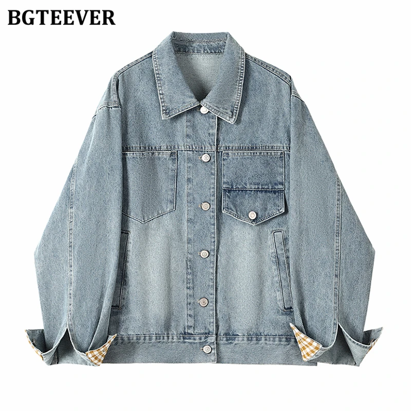 

BGTEEVER Vintage Loose Patchwork Female Denim Jackets Spring Lapel Long Sleeve Women Jeans Coats