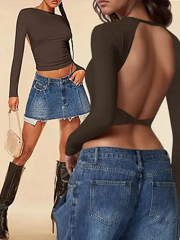 Corsetto da sera da donna economico Girocollo aperto sul retro Manica lunga Top corto basic T-shirt da uscire senza schienale elasticizzata Abbigliamento femminile