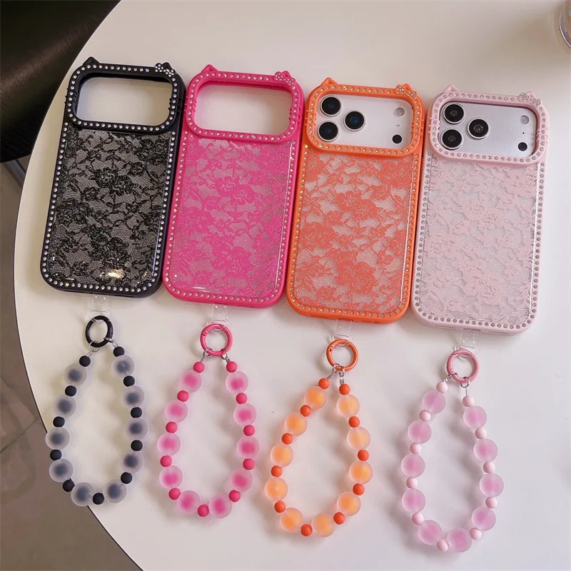 Luxury Diamond Candy Colors Glitter Flowers Lace Pattern Phone Case For iPhone 17 16 15 14 Pro Max With Chain Shockproof Cover