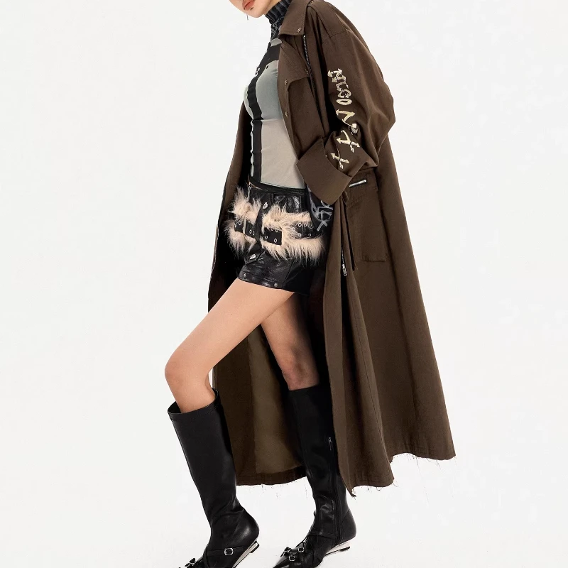 Original Retro Dedign Punk Style Long Brown Women's Trench Coat 2026 Spring New Suit Collar Loose Sweet Cool Feel Jackets Ladies