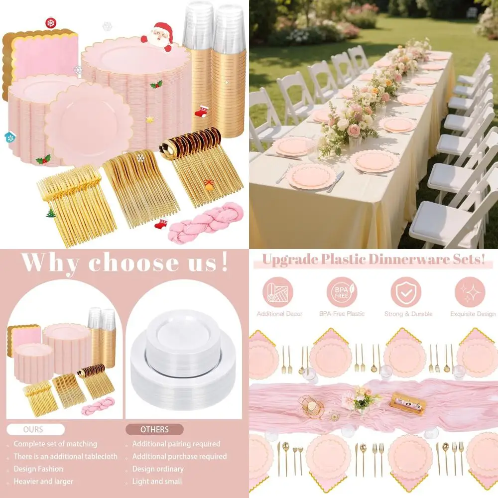 

Elegant 351-Piece Pink Plastic Party Supplies Set: 100 Plates, 150 Cutlery, 50 Cups, 50 Napkins, Table Runner