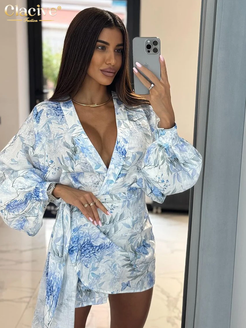 Clacive Sexy Loose Print Women\'s Dress 2024 Fashion V-Neck Puff Sleeve Mini Dresses Elegant Classic Lace-Up Dress Female Clothes