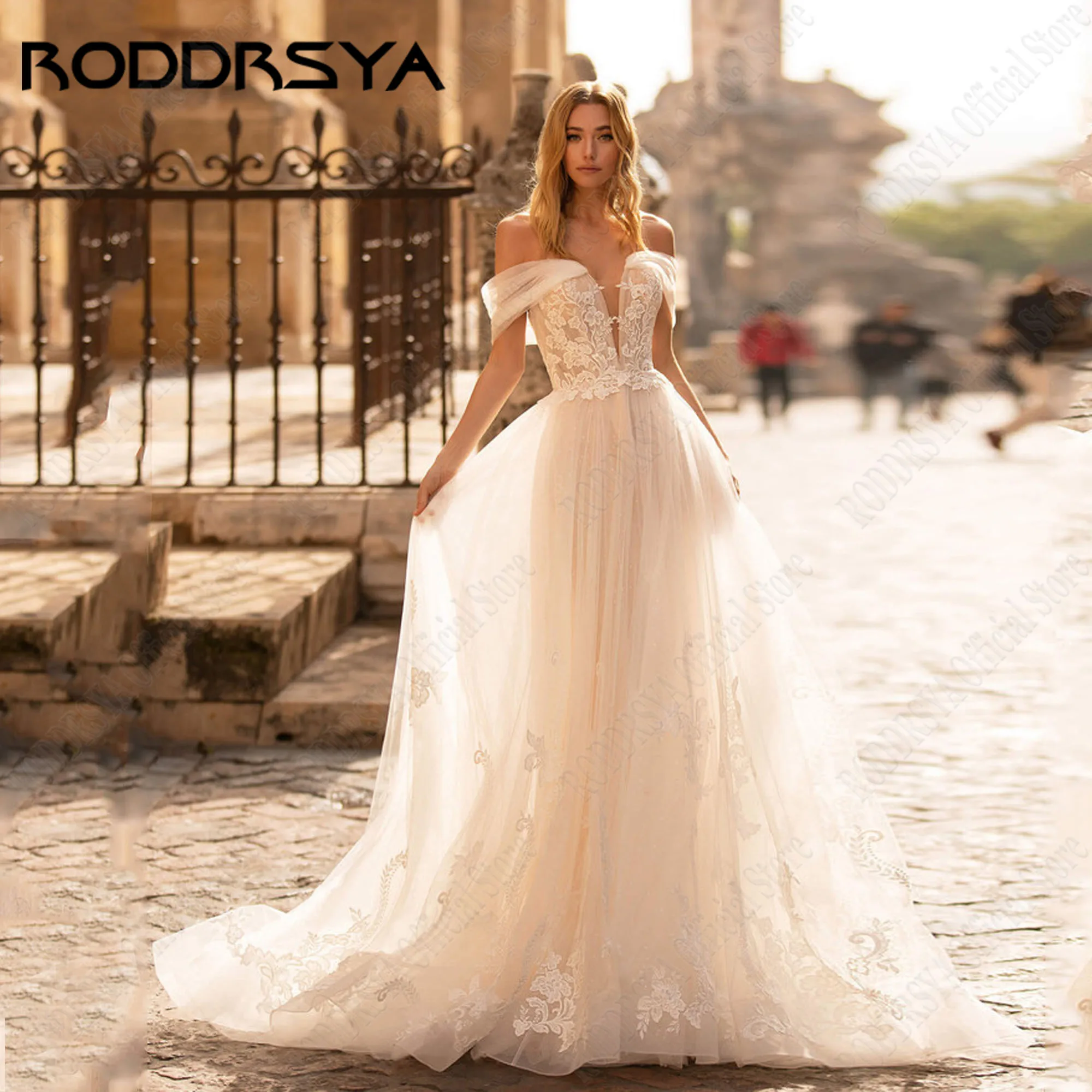 

RODDRSYA V-Neck Civil Wedding Dress 2024 Bride Off Shoulder Applique A-Line Bride Gowns Backless Custom Made Vestidos De Novia