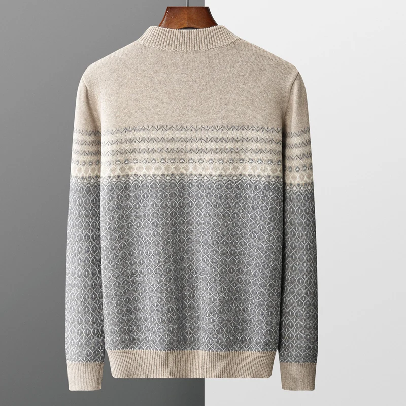 Men's Sweater Pullover Long Sleeve 100 Pure Woolen Sweater Autumn/Winter New Half High Collar Jacquard Knit Thickened Casual Top