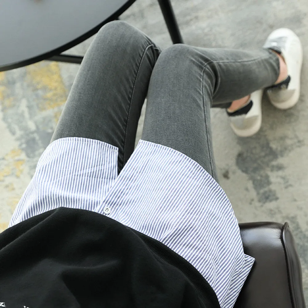 Youth Temperament Blue Striped Shirt for Ladies Style Fake Hem Short Skirt with Bottom Skirt Underneath Women's Clothing Skirts