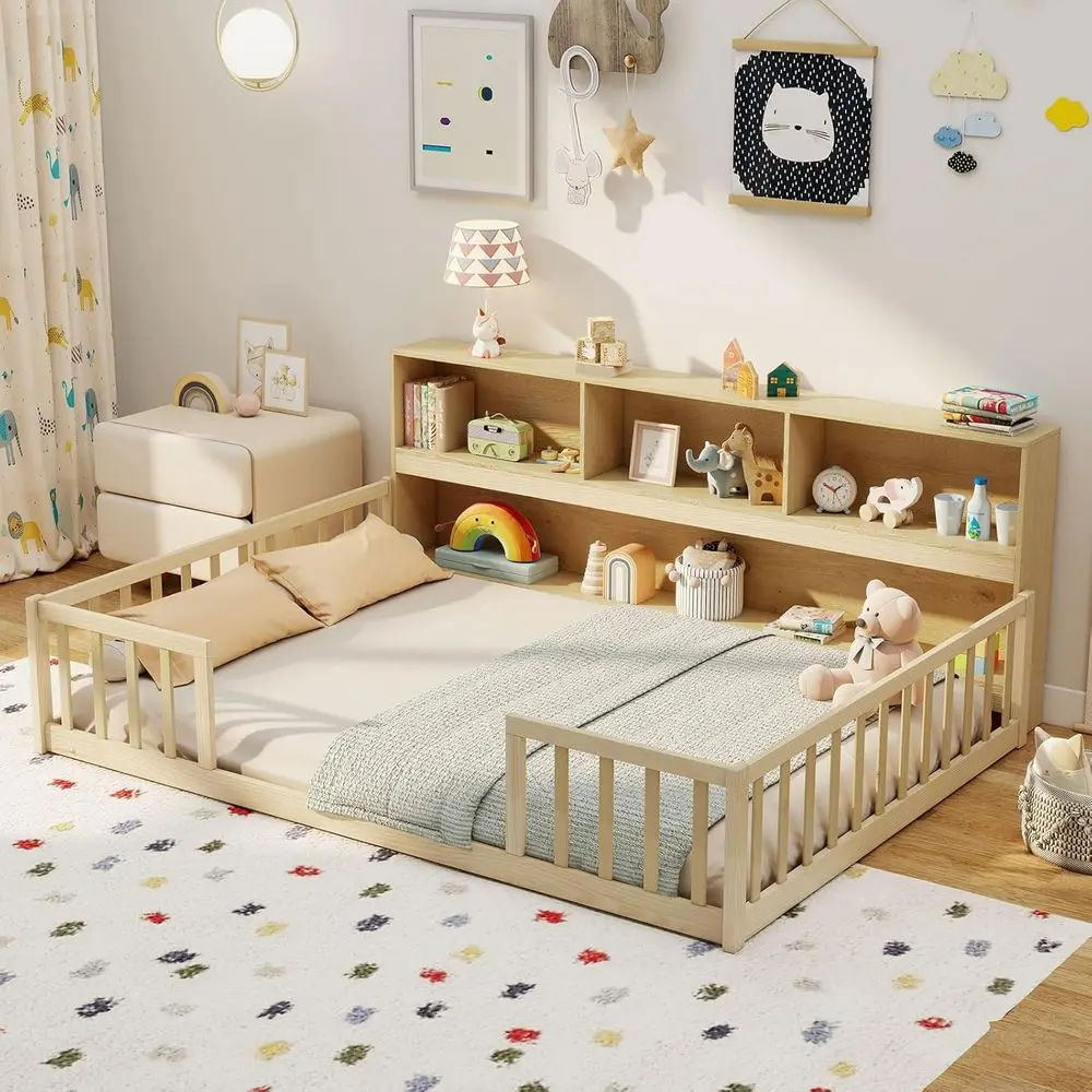 

Напольная кровать из массива дерева в стиле Монтессори с книжным шкафом, полками и защитными перилами, полноразмерная многофункциональная платформа для игрового домика