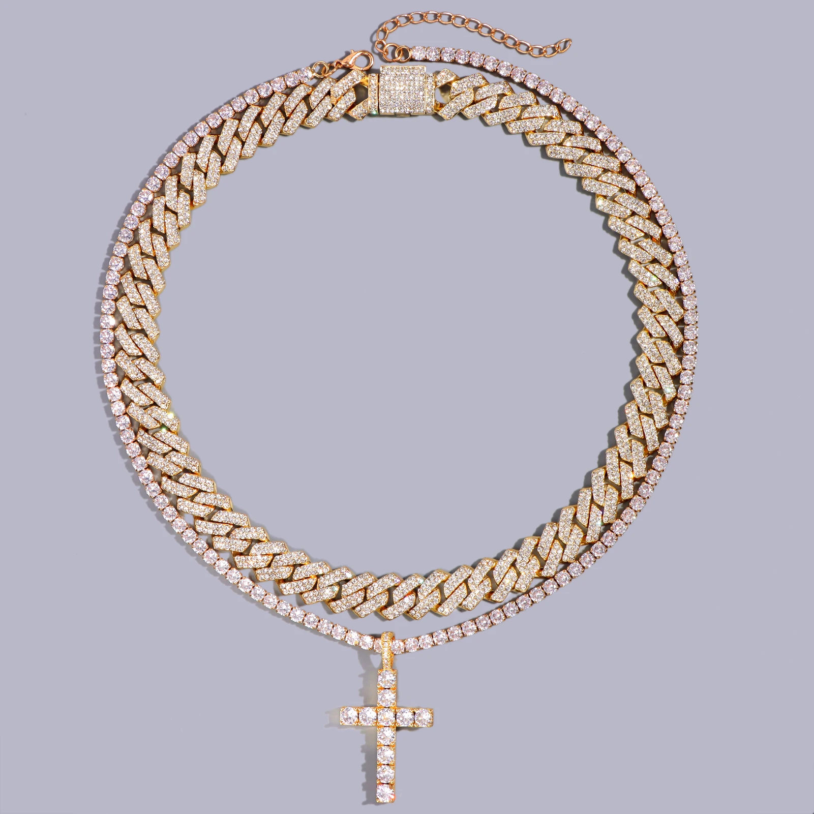 2Pcs Golden Cross Necklace Prong Cuban Link Chain for Women Men Iced Out Full Rhinestone 14MM Hiphop Cuban Necklace Set Jewelry